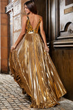 Sparkly A-Line Scollo a V argento specchio Prom Dress con fessura
