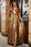 Sparkly A-Line Scollo a V argento specchio Prom Dress con fessura