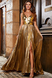 Sparkly A-Line Scollo a V argento specchio Prom Dress con fessura