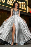 Sparkly A-Line Scollo a V argento specchio Prom Dress con fessura