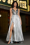 Sparkly A-Line Scollo a V argento specchio Prom Dress con fessura