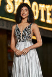 Sparkly A-Line Scollo a V argento specchio Prom Dress con fessura