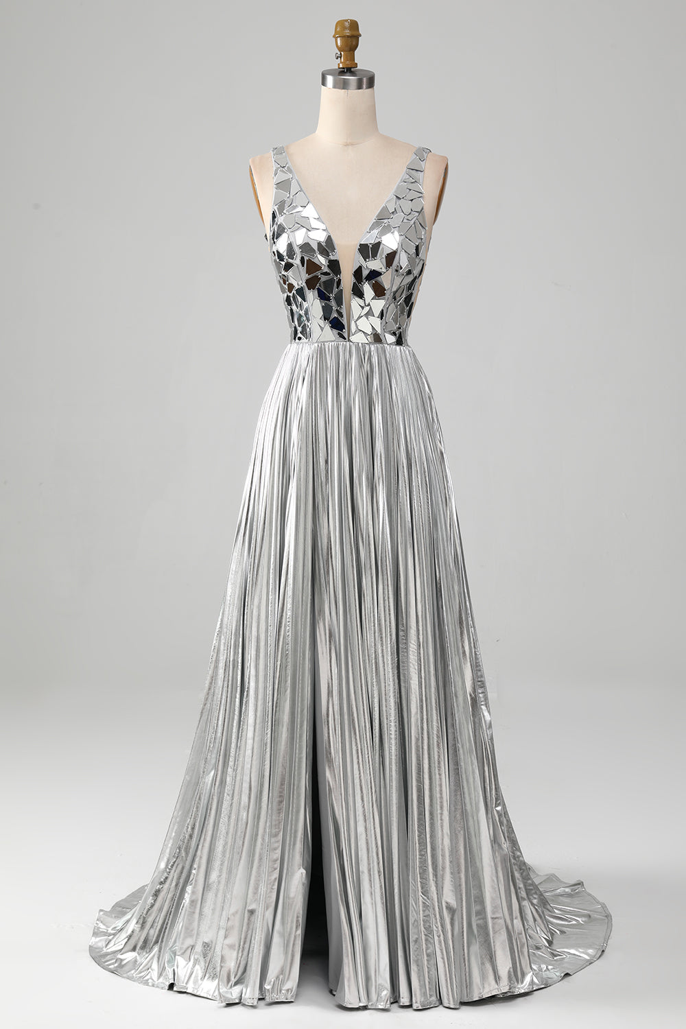 Sparkly A-Line Scollo a V argento specchio Prom Dress con fessura