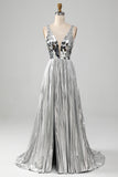 Sparkly A-Line Scollo a V argento specchio Prom Dress con fessura