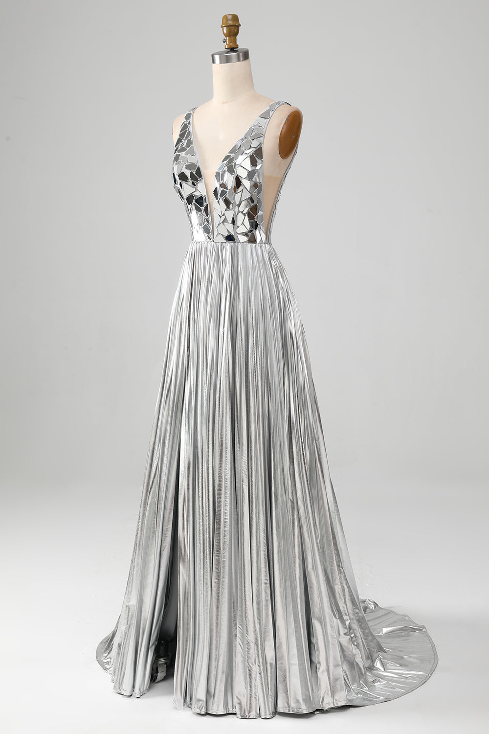 Sparkly A-Line Scollo a V argento specchio Prom Dress con fessura