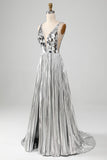 Sparkly A-Line Scollo a V argento specchio Prom Dress con fessura