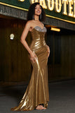 Sparkly Golden Mermaid senza spalline lungo in rilievo Prom Dress con fessura