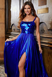 Sparkly A Line Royal Blue Abito da ballo lungo con incrocio sulla schiena