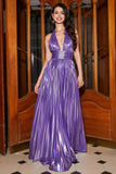 Abito lungo da ballo con glitter metallico plissettato viola con fessura