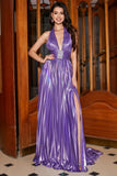 Abito lungo da ballo con glitter metallico plissettato viola con fessura