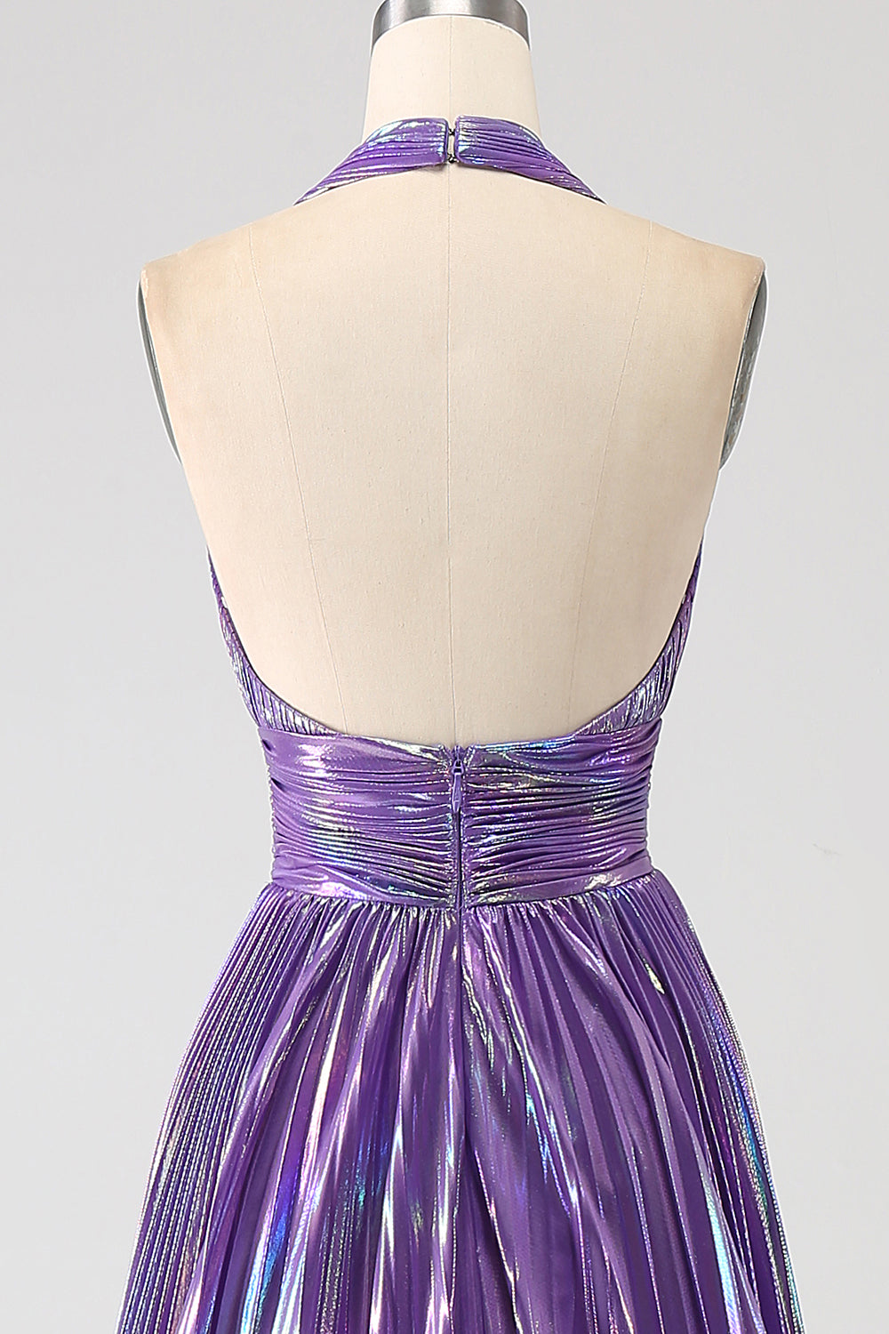 Glitter viola plissettato metallico lungo abito da ballo con fessura