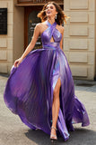 Splendida linea Halter Neck viola abito lungo da ballo con buco della serratura spacco anteriore