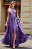 Splendida linea Halter Neck viola abito lungo da ballo con buco della serratura spacco anteriore