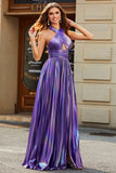 Splendida linea Halter Neck viola abito lungo da ballo con buco della serratura spacco anteriore
