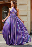 Splendida linea Halter Neck viola abito lungo da ballo con buco della serratura spacco anteriore