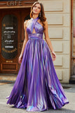 Splendida linea Halter Neck viola abito lungo da ballo con buco della serratura spacco anteriore