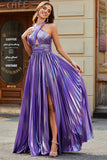 Splendida linea Halter Neck viola abito lungo da ballo con buco della serratura spacco anteriore