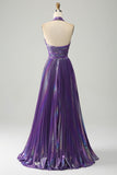 Sparkly viola Halter A Line Prom Dress con pieghe
