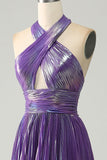 Sparkly viola Halter A Line Prom Dress con pieghe