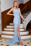 Sirena Azzurro Elegante Abito Lungo Ballo con Applicazioni