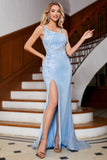 Sirena Azzurro Elegante Abito Lungo Ballo con Applicazioni