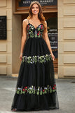 Splendido A Line Spaghetti Straps Nero Abito Lungo Prom con Ricamo