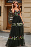 Splendido A Line Spaghetti Straps Nero Abito Lungo Prom con Ricamo