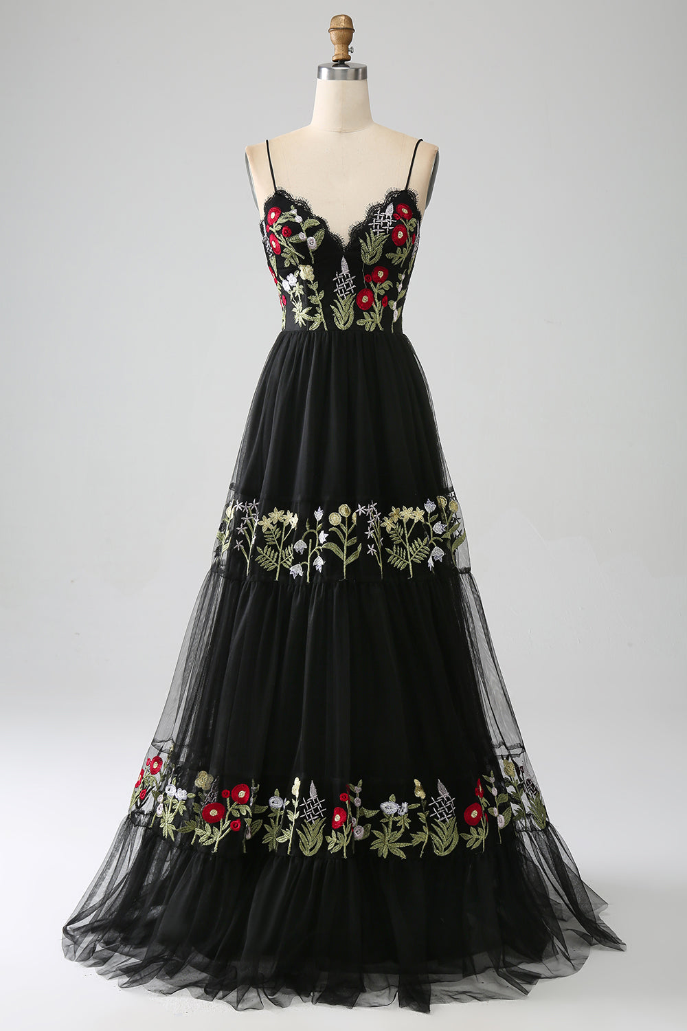 Nero A-Line Spaghetti Straps ricamato lungo corsetto Prom Dress
