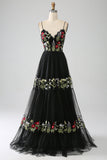 Nero A-Line Spaghetti Straps ricamato lungo corsetto Prom Dress