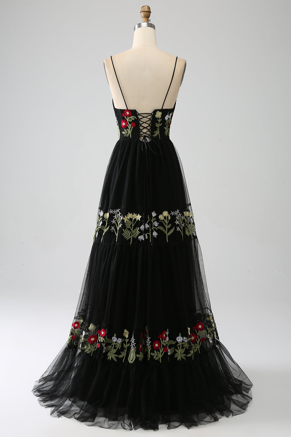 Nero A-Line Spaghetti Straps ricamato lungo corsetto Prom Dress