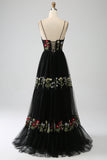 Nero A-Line Spaghetti Straps ricamato lungo corsetto Prom Dress