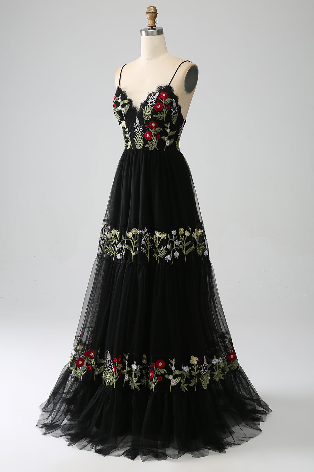 Nero A-Line Spaghetti Straps ricamato lungo corsetto Prom Dress