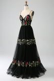 Nero A-Line Spaghetti Straps ricamato lungo corsetto Prom Dress