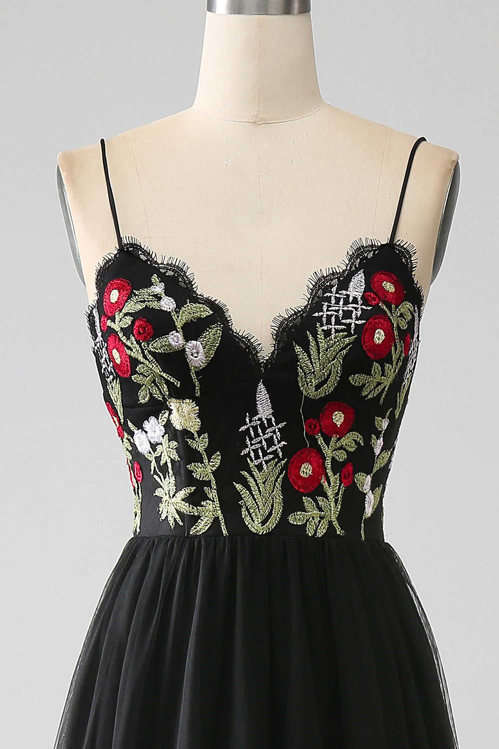 Nero A-Line Spaghetti Straps ricamato lungo corsetto Prom Dress