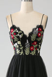 Nero A-Line Spaghetti Straps ricamato lungo corsetto Prom Dress