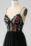 Nero A-Line Spaghetti Straps ricamato lungo corsetto Prom Dress