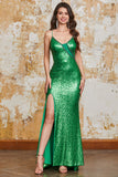 Scintillante Sirena Paillettes Verde Abito Lungo Ballo con Split Anteriore