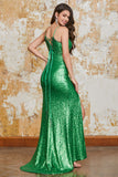 Scintillante Sirena Paillettes Verde Abito Lungo Ballo con Split Anteriore