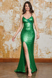 Scintillante Sirena Paillettes Verde Abito Lungo Ballo con Split Anteriore