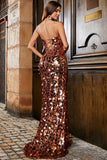 Saparkly Sirena Spaghetti Straps Paillettes Dorato Abito Lungo Prom con Split Anteriore