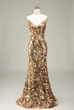Sparkly Golden Mermaid Paillettes Prom Dress con fessura