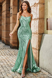 Trendy Mermaid Spaghetti Straps Verde Abito Lungo Prom con Criss Cross Indietro