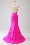 Fucsia Mermaid Halter Neck Backless Abito Lungo Prom
