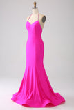 Fucsia Mermaid Halter Neck Backless Abito Lungo Prom