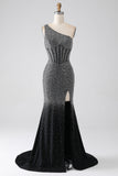 Sparkly nero sirena monospalla corsetto abito da ballo