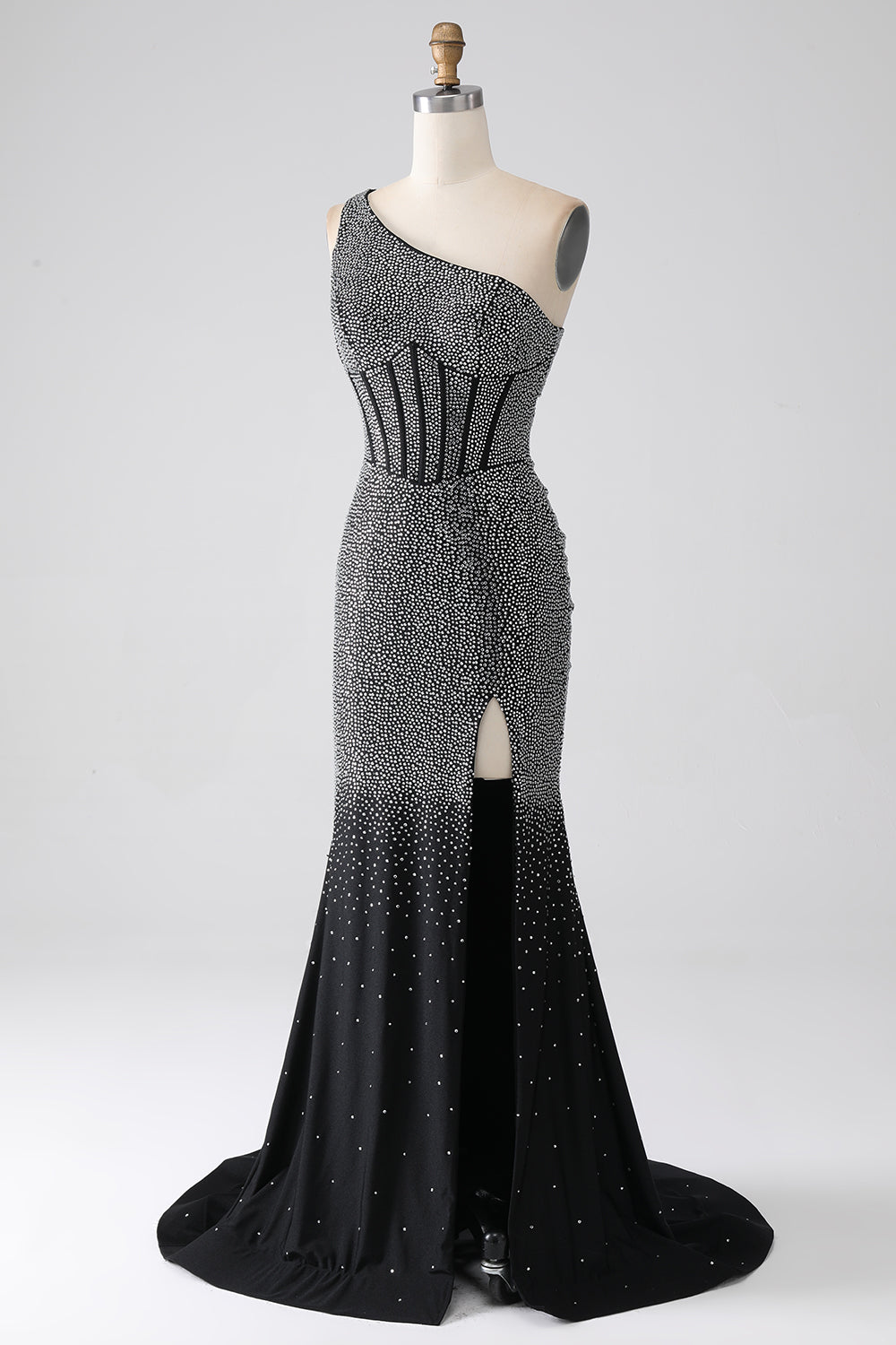 Sparkly nero sirena monospalla corsetto abito da ballo
