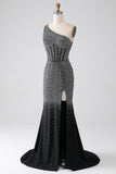 Sparkly nero sirena monospalla corsetto abito da ballo