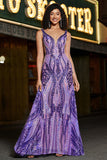 Sparkly Sirena Scollo a V Paillettes Viola Scuro Abito Lungo Prom con Schiena Aperta