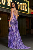Sparkly Sirena Scollo a V Paillettes Viola Scuro Abito Lungo Prom con Schiena Aperta