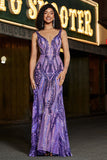 Sparkly Sirena Scollo a V Paillettes Viola Scuro Abito Lungo Prom con Schiena Aperta
